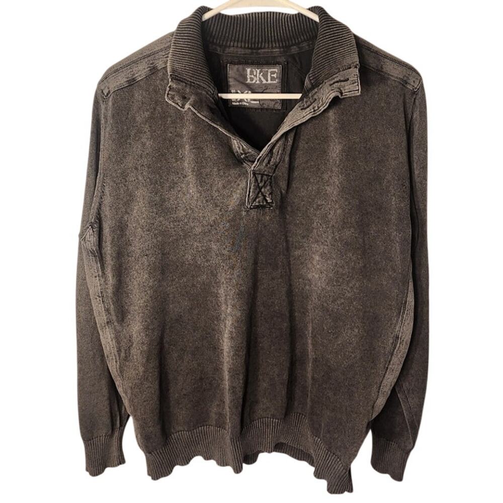 BKE Mens XL Pullover Sweater Quarter Button Henley Long Sleeve Washed Charcoal